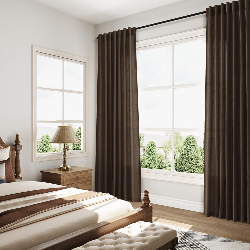 Chocolate Linen Curtains 90 Inch Long 2 Panels Set Living Room, Soft Linen Textured Window Drapes Semi Sheer Light