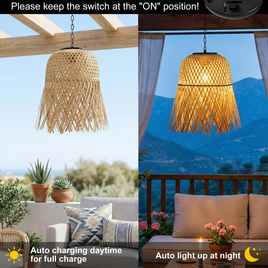 Solar Chandelier Outdoor, Bamboo Handmade Rattan Pendant Light, Rustic Retro Boho Hanging Lanterns for Gazebo Yard
