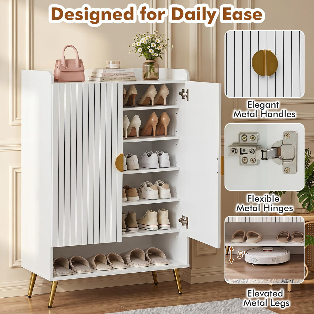 Shoe Storage Cabinet w/ Doors, Adjustable Shelves, Metal Leg, White