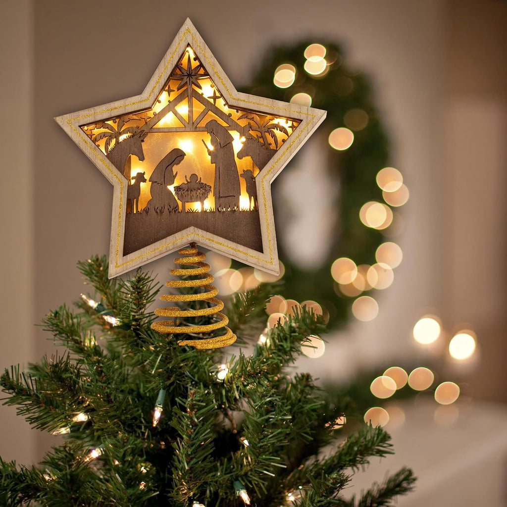Lit Star Nativity Tree Topper, Gold Wooden Star, 10 x 8.5 in
