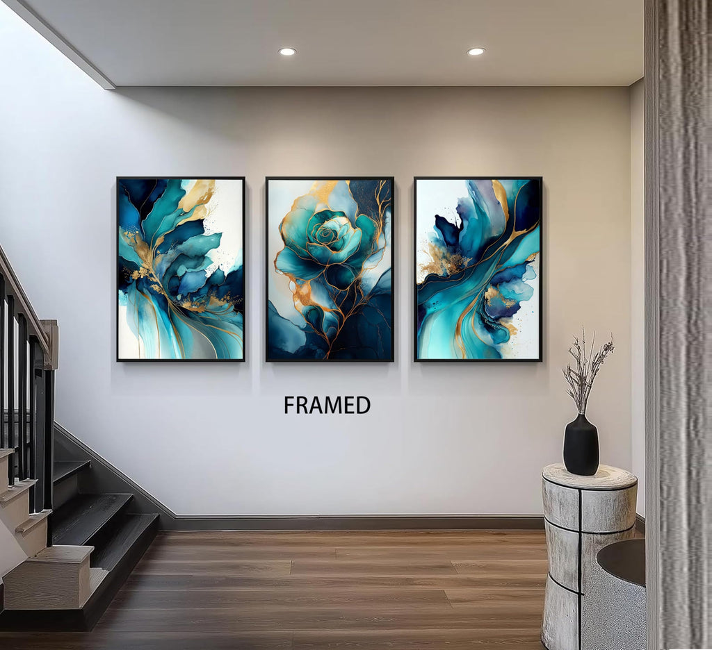 Framed Green gold canvas wall art Modern Blue Green and Gold Abstract Marble Fluid Posters Print Artwork Living Room