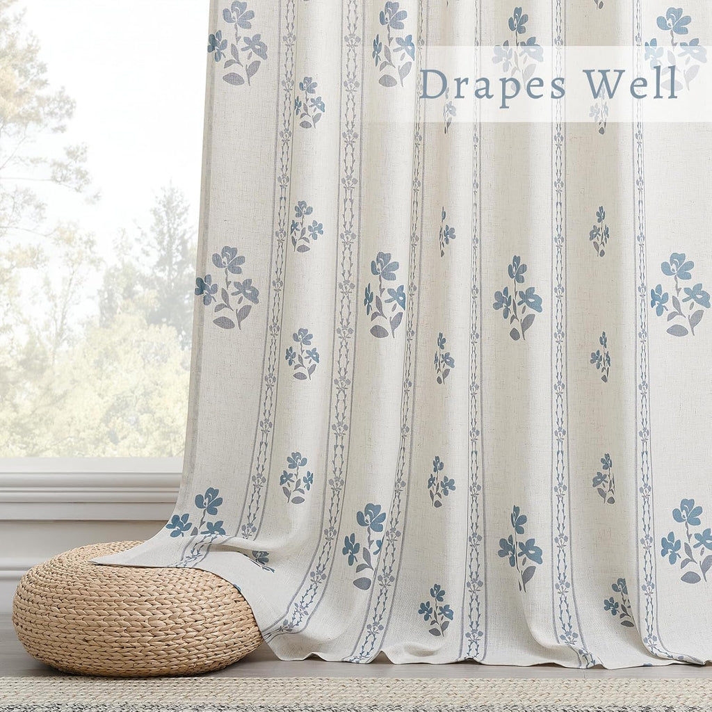 Blue Grey Pinch Pleated Floral Curtains 84 Inches Long for Living Dining Room Pinch Pleat Light Filtering Linen Semi