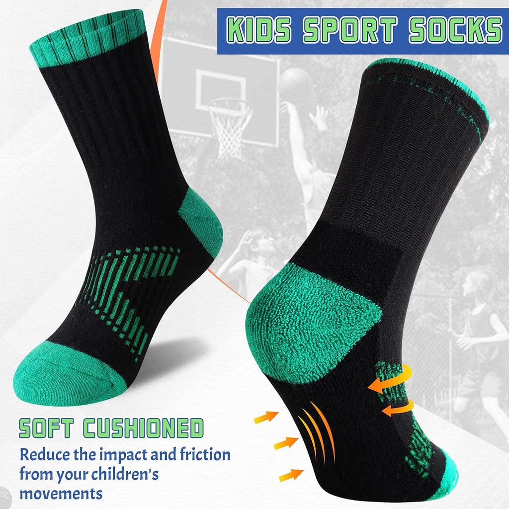 Kids Socks Boys Crew Athletic Half Cushioned Cotton Sport Running Breathable Socks 6 Pairs