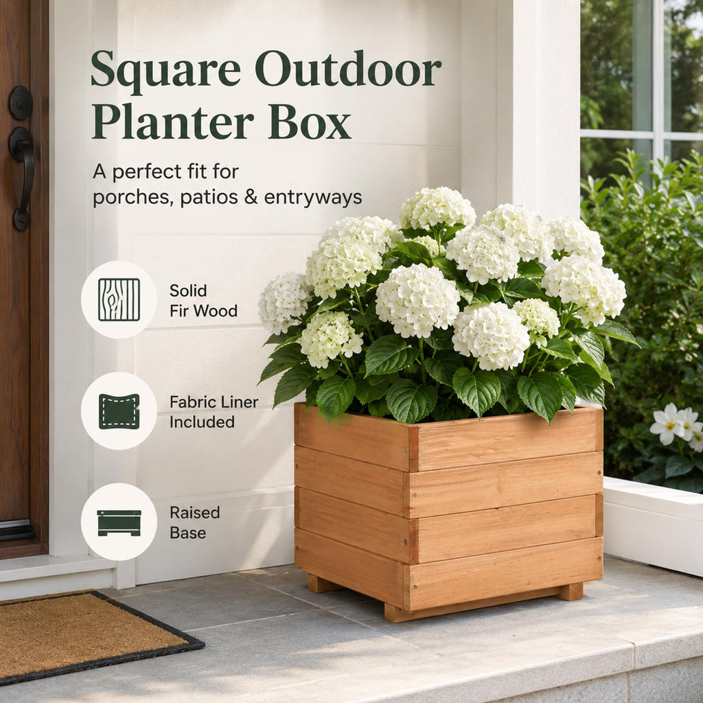 15.75" Square Wooden Planter Box, Fir Wood Planters for Outdoor Plants
