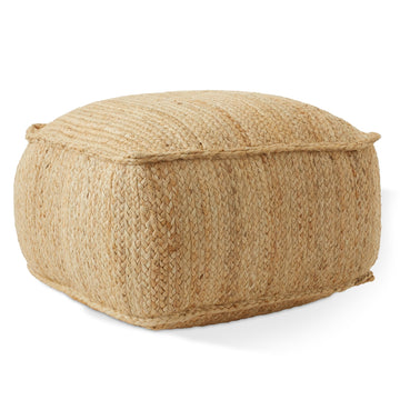 Braided Jute Pouf, Large Square Pouf Ottoman, 22" W x 22" D x 14" H Woven Jute Footrest, Decorative Indoor Boho Home