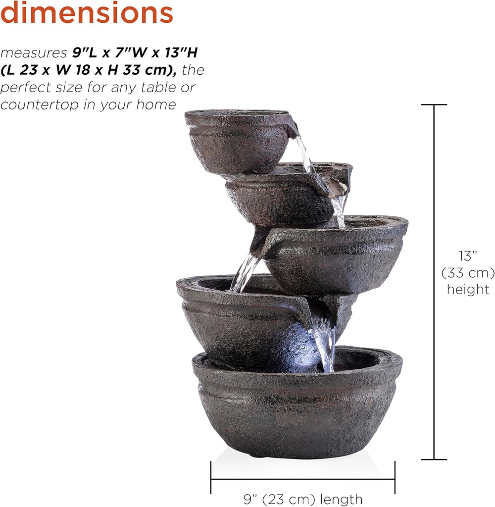 13" Indoor Tabletop Tiering Bowls Water Fountain with LED Lights - Cascading Water Feature, Meditation, Relaxation