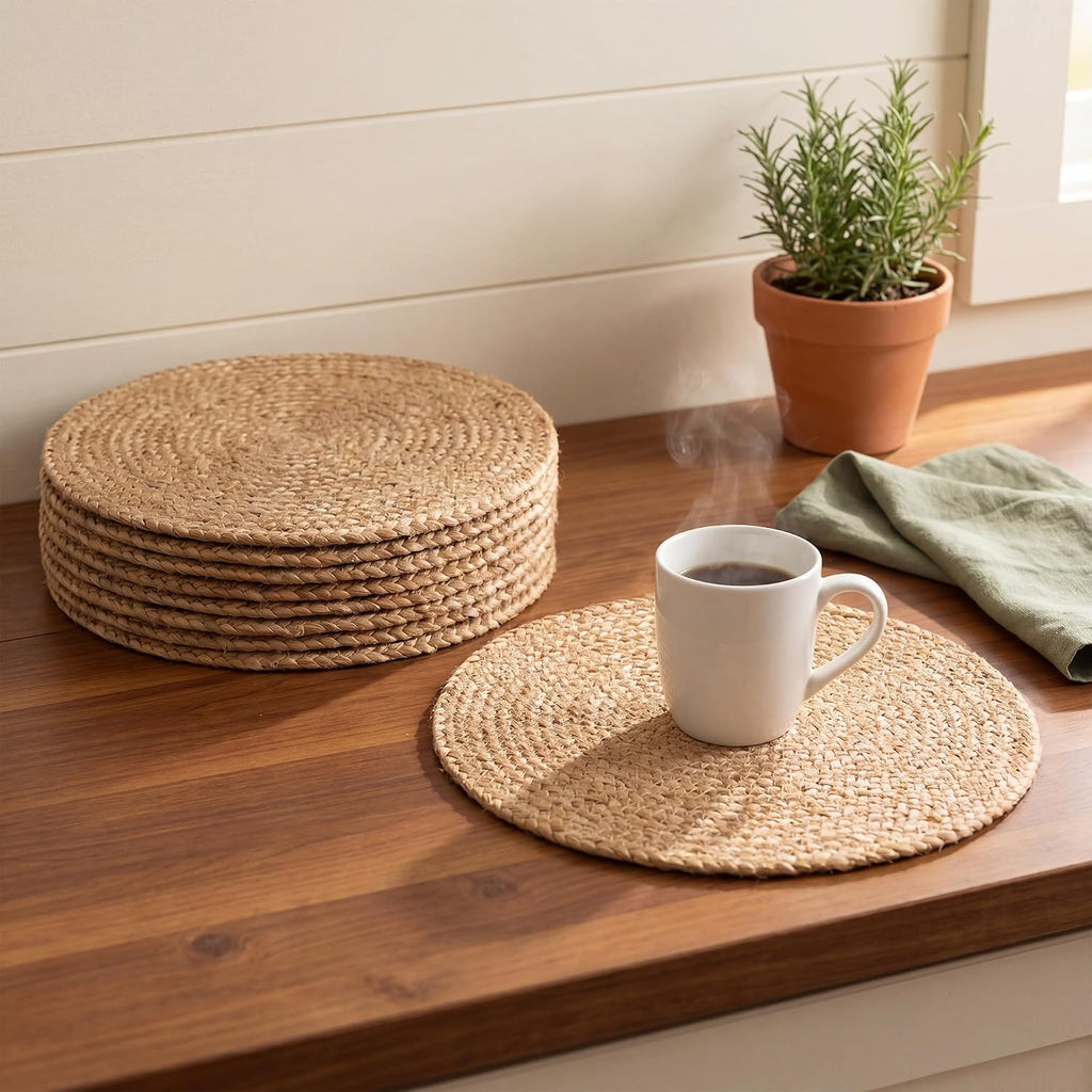 Natural Jute Placemats, Round Woven Table Mats, 13 Inch Rattan Charger Plates for Dinner, Boho Farmhouse - Set of 6