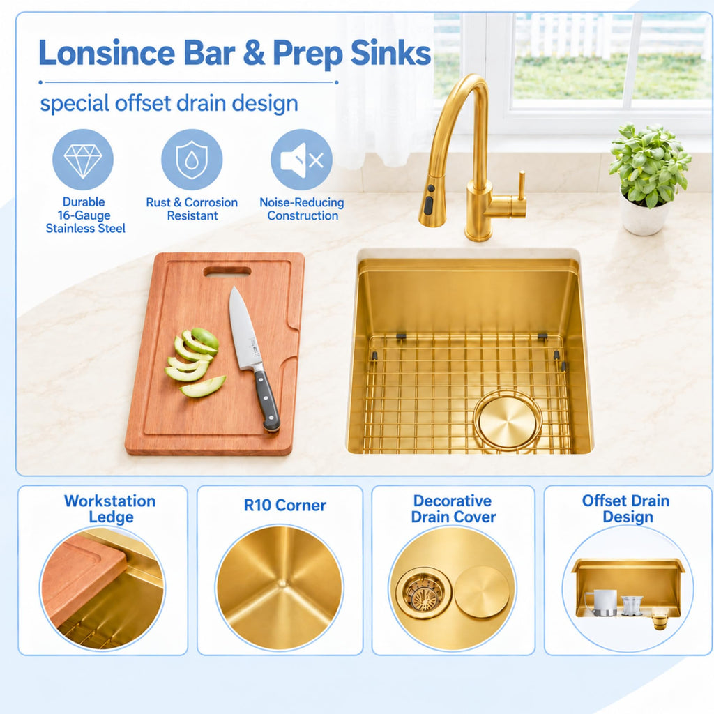 Gold Bar Sink Undermount, 16" X 18" Bar Prep Sink with Workstation