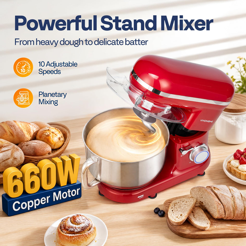 Stand Mixer, 6-Quart Tilt-Head Kitchen Mixer with Bowl, Red