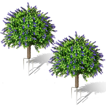 24" Artificial Lavender Topiary Ball Trees, Set of 2 Fake Shrubs Bushes with Ground Spike, UV Resistant Faux