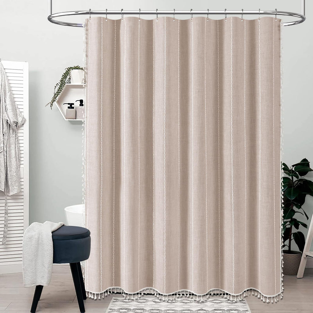 72x96 Extra Long Boho Linen Heavy Duty Shower Curtain Set, Tan/Taupe
