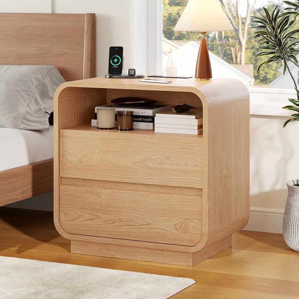 25" Tall Modern Nightstand with Charging Station, 23.6" Wide Wood Bedside Table w/2 Storage Drawers, Curved Profile