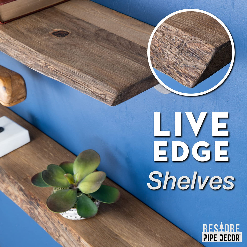 24" Trail Brown Live Edge Wood Shelf with Industrial L-Shaped Pipe Brackets (2-Pack)