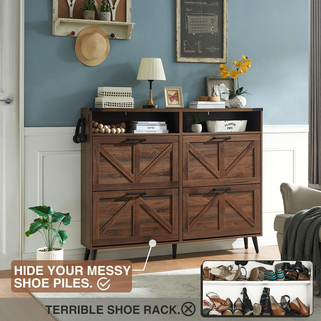 Farmhouse Shoe Storage Cabinet with 4 Flip Drawers & Open Storage