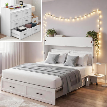 Murphy Bed with Storage & Charging Station, Queen Size Murphy Cabinet Bed Hideaway Bed with Motion Sensor Lights