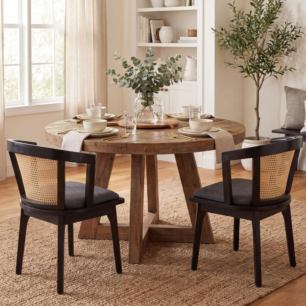 Rattan Mid Century Dining Chairs Set of 8 Modern Farmhouse Dining Room Chairs with Cane Curved Back and Black Wooden
