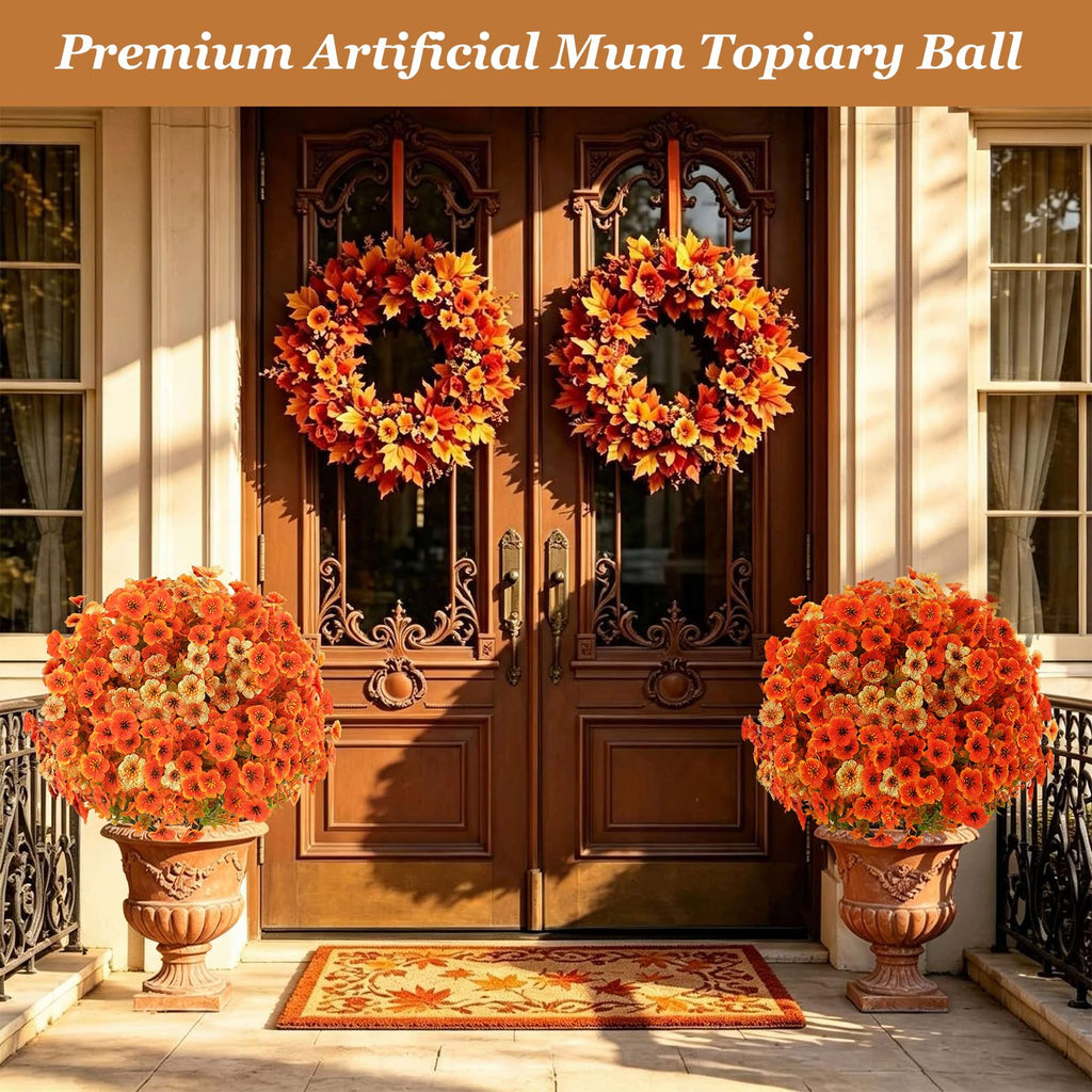 Dense Fall Artificial Mums Topiary Ball Trees 2-Pack UV Resistant