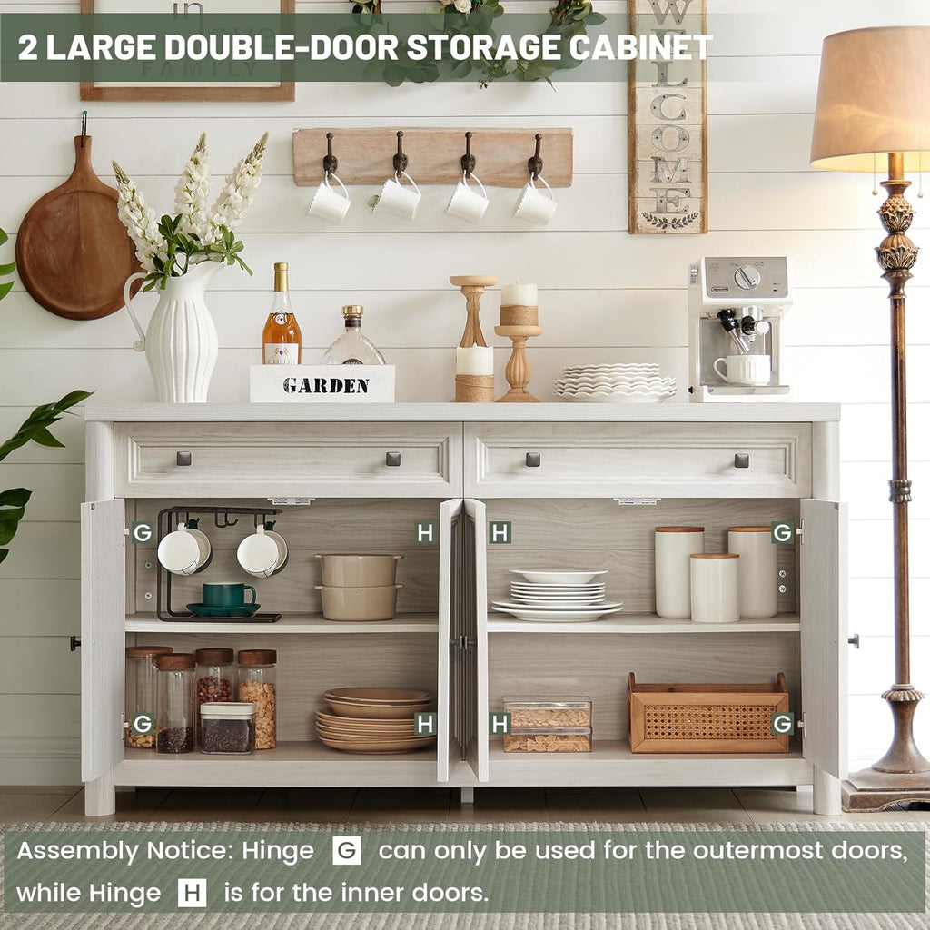 Farmhouse Sideboard Buffet Cabinet with Drawers, 59" Large Credenza Kitchen Storage Cabinets with Shelves & 4 Doors
