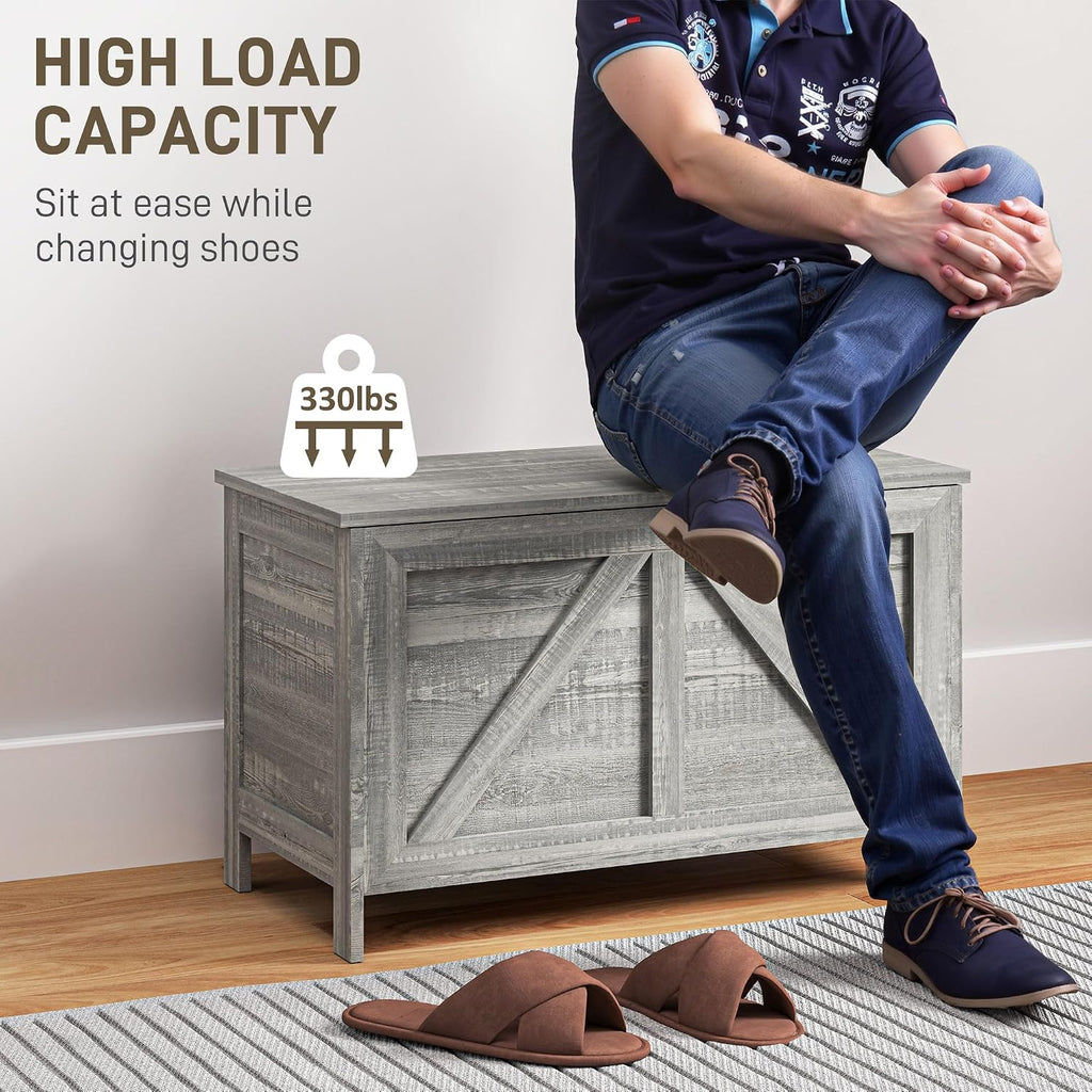 30" Farmhouse Storage Bench Lift Top Storage Chest in Light Gray | Safety Hinge, Open Up 100°, Wooden Trunk, Bedroom