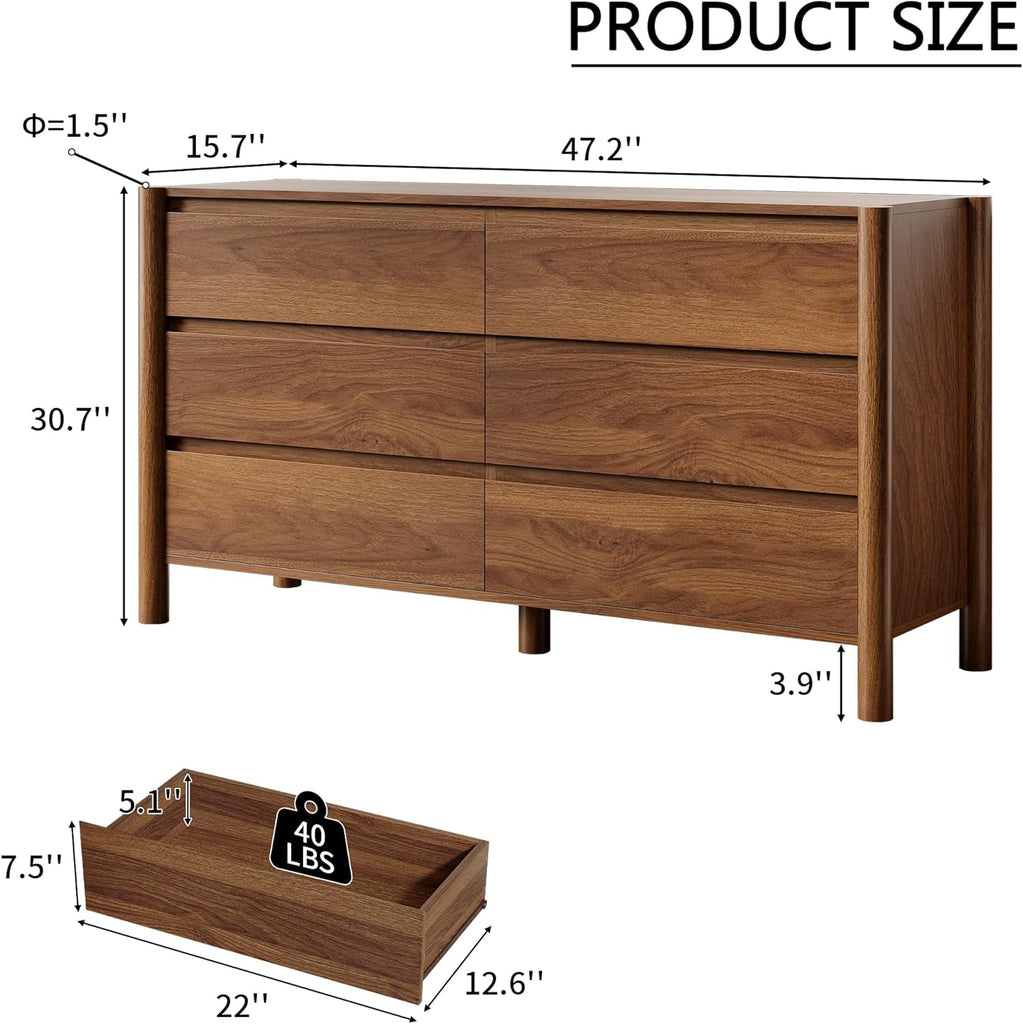 47" Wide 6-Drawer Dresser,Mid-Century Modern Chest with Solid Wood Legs, Concealed Handle,Large Wood Storage