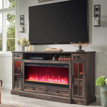 Fireplace TV Stand for 80 Inch TV, Farmhouse Entertainment Center with 42" Fireplace & LED Lights, Modern Media Console Table with Storage Drawers & Cabinets for Living Room, Dark Rustic Oak A132-B0CDDDZZJY