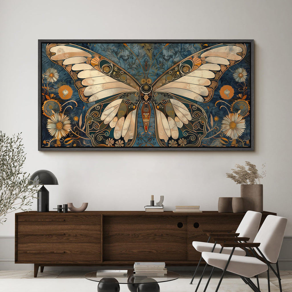 Extra Large Framed Canvas Ornate Butterfly and Flowers Vintage Style Illustrations Modern Art Calm Warm - 60"" x30