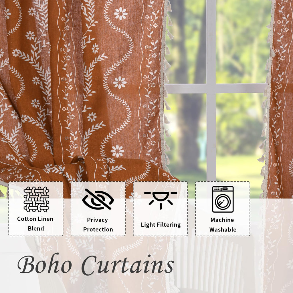 Burnt Orange 90 Inch Long Tassel Curtains 2 Panels