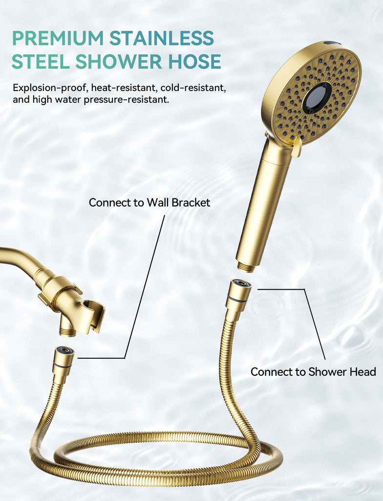 Shower Head with Handheld, High Pressure 10-Spray Detachable Chrome Showerhead with Stainless Steel Hose,Brushed Gold
