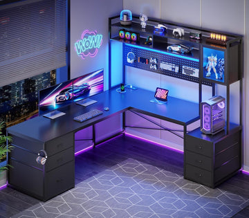 Reversible L Shaped Gaming Desk with 6 Drawers, Hutch, Led Lights | Computer Corner Desk with File Drawer, Storage