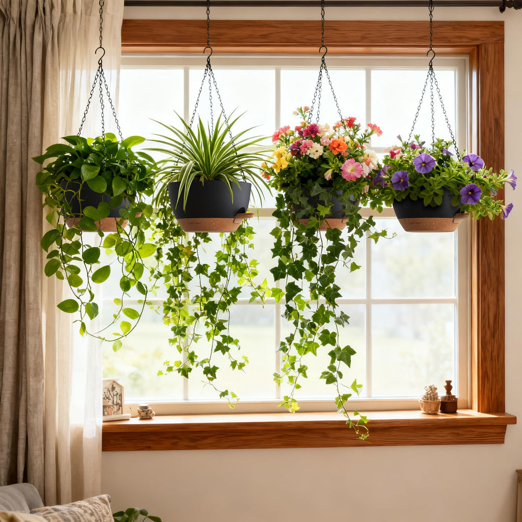 4 Pack 8 Inch Self Watering Hanging Planters for Indoor Outdoor Plants, Hanging Pots for Plants with Drainage