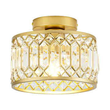 Crystal Ceiling Light, Modern Semi Flush Mount Ceiling Light, Gold Crystal Chandelier Bedroom Bathroom Entryway (Bulb