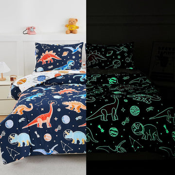 5pc Glow in The Dark Kids Comforter Set,Dinosaur Galaxy Printed, Space Bedding Set for Boys Girls Teen