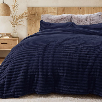 Fluffy Comforter Set, 3 PC Soft Fleece Bedding, Navy Blue