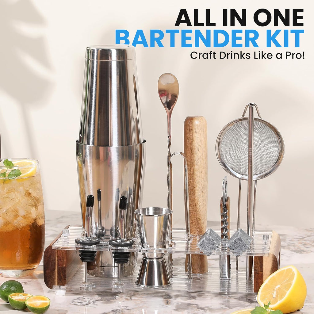 Mixology Bartender Kit with Stand - Bar Tool Set, Silver Bar Set Cocktail Shaker Set for Drink Mixing - Set of 15