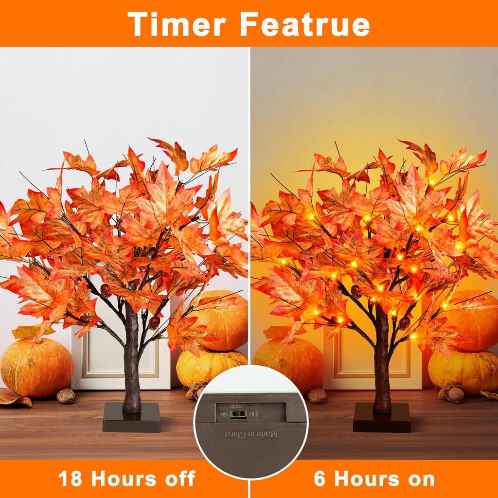 36 LED Lighted Fall Maple Tree - 1.5FT Thanksgiving Tabletop Lamp Decor with, 72 Maple Leaves, 6 Acorns, Timer