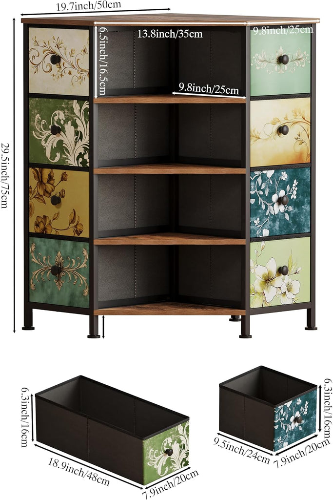 8 Drawers Corner Dresser with Fabric Drawers and Shelf | Retro Corner dresser with wooden top&4 open shelves,Corner