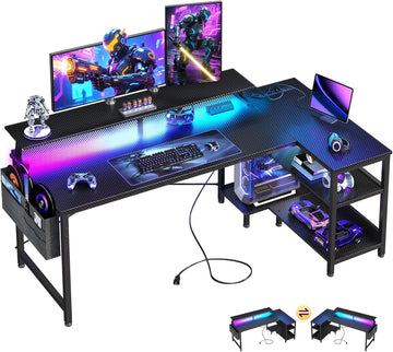 58 Inch L Shaped Gaming Desk with LED Lights, Power Outlets, Black | Adjustable Monitor Stand, Open Storage Shelves