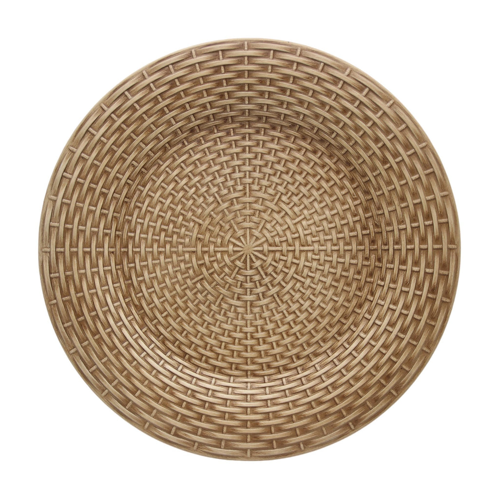 13 Inch Antique Brown Charger Plates Set of 6, Round Plastic Service Plates with Faux Rattan Woven Texture, Matte