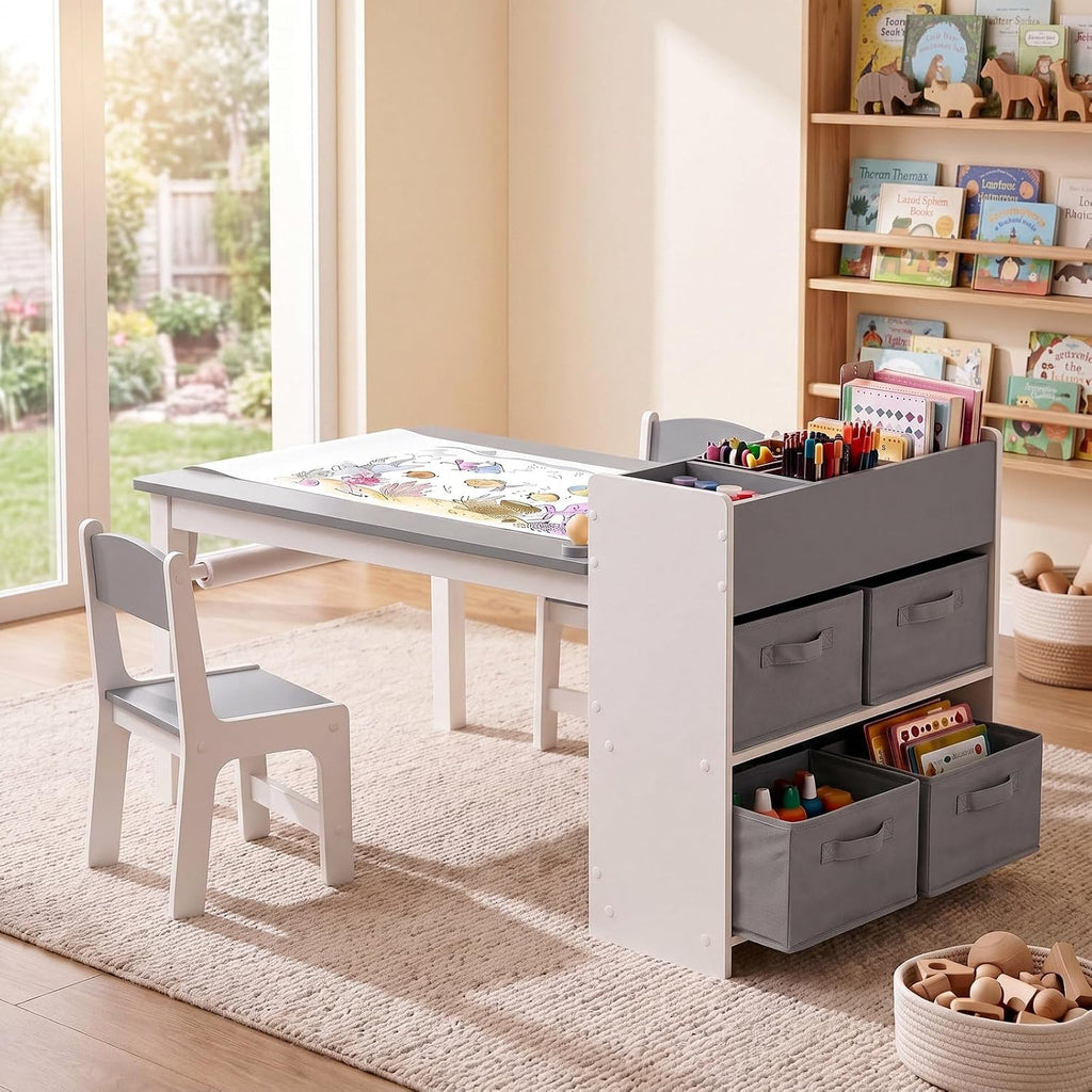 Kids Art Table & 2 Chairs Set, Wooden Activity Craft Desk w/ Paper Roll