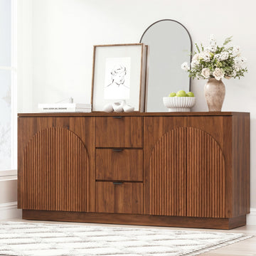 67" Walnut Fluted Sideboard Buffet Cabinet with 4 Arched Reeded Design Doors &3 Drawers, Mid Century Modern Credenza