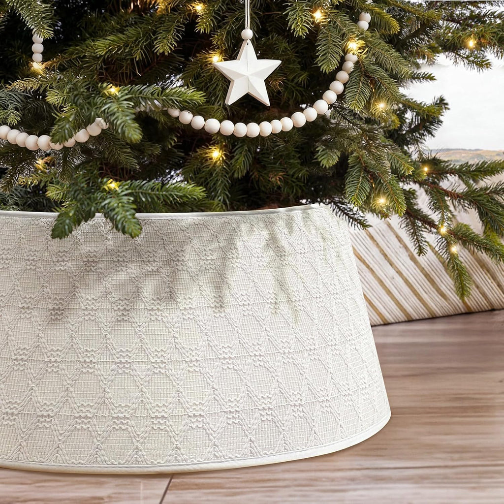 28 Inch Knit Christmas Tree Skirt, Cream White Boho Christmas Tree Collar