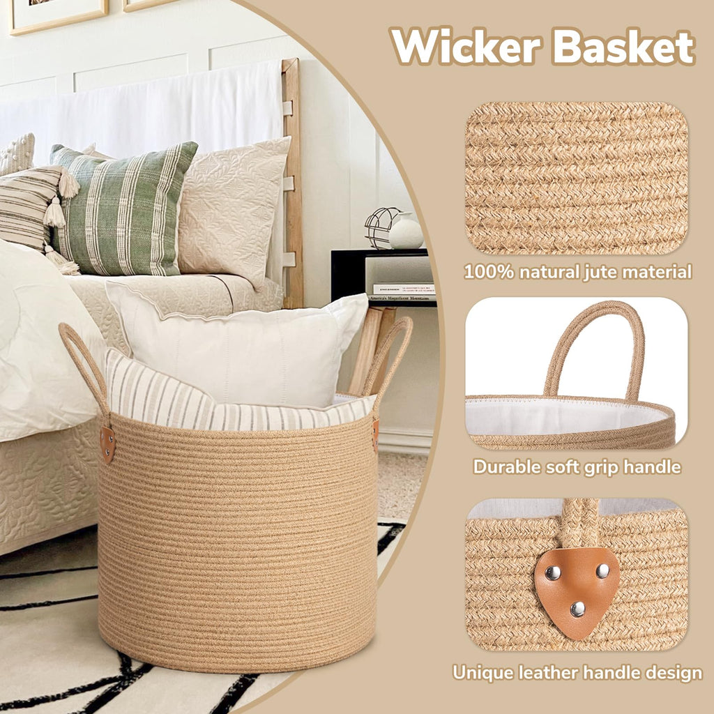 50L Blanket Basket Living Room, Wicker Laundry Baskets Decor, Baby Toy Basket with Handles, Large Nursery Hamper for