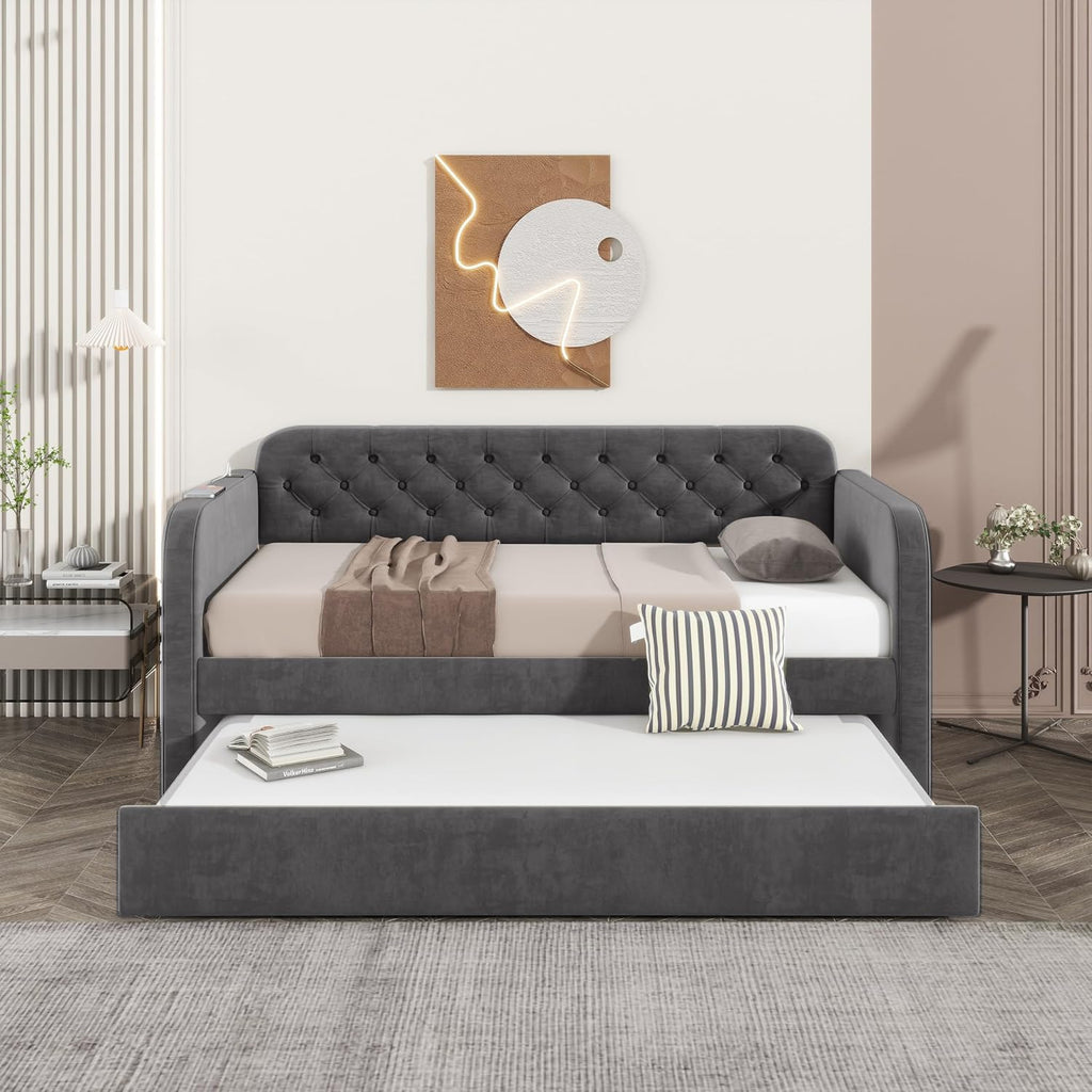 Twin Size Daybed W/Trundle,Velvet Day Bed with Pop Up Trundle Bed W/USB Charging Ports,Upholstered Sofa Bed W/Back,No