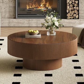 31.5" Round Fluted Coffee Table, Modern Wood Circle Drum Center Table, Accent Side Table with Sturdy Pedestal, Walnut