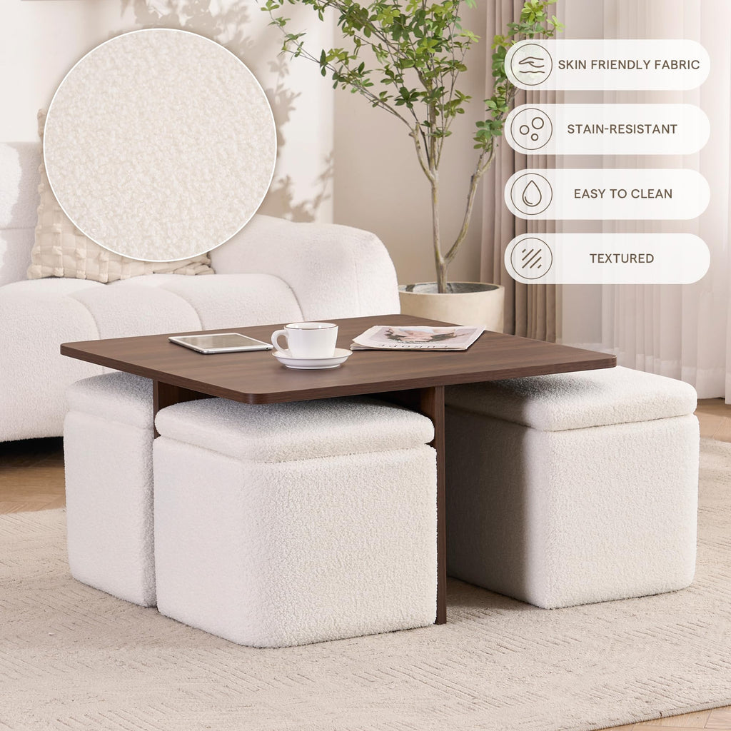 Square Coffee Table with Storage Ottomans, Beige