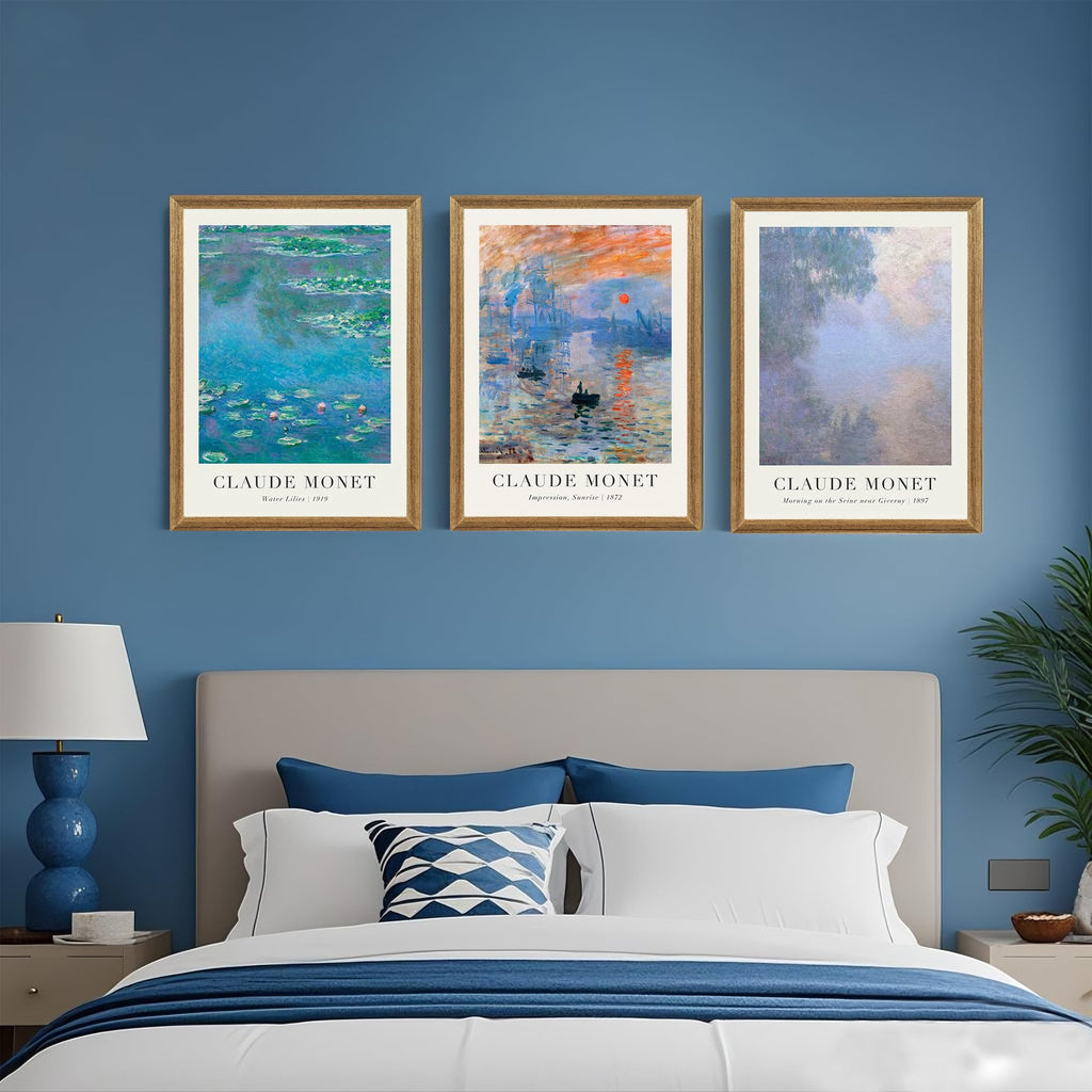 Triptych Framed Claude Monet Water Lilies Canvas Wall Art 16x24 in