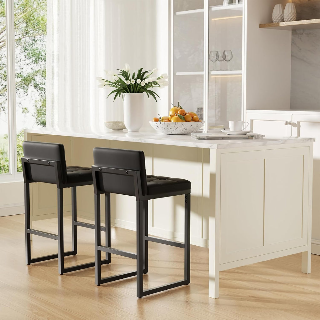 24" Bar Stools Set of 2, Modern Faux Leather Counter Height Bar Stools with Low Back and Footrest, Sturdy Thickened