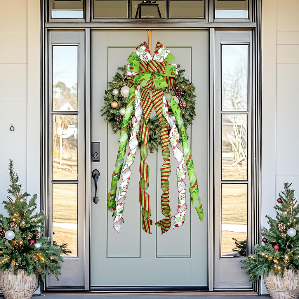 Large Christmas Tree Topper Bow 52x13 Inch, Pre-Tied Wired Wreath Ribbon