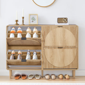 Shoe Storage Cabinet, Narrow Shoe Organizer Cabinet, 4 Flip-Down Drawers, Round Fluted Panel, Hidden Wood Slim Shoe