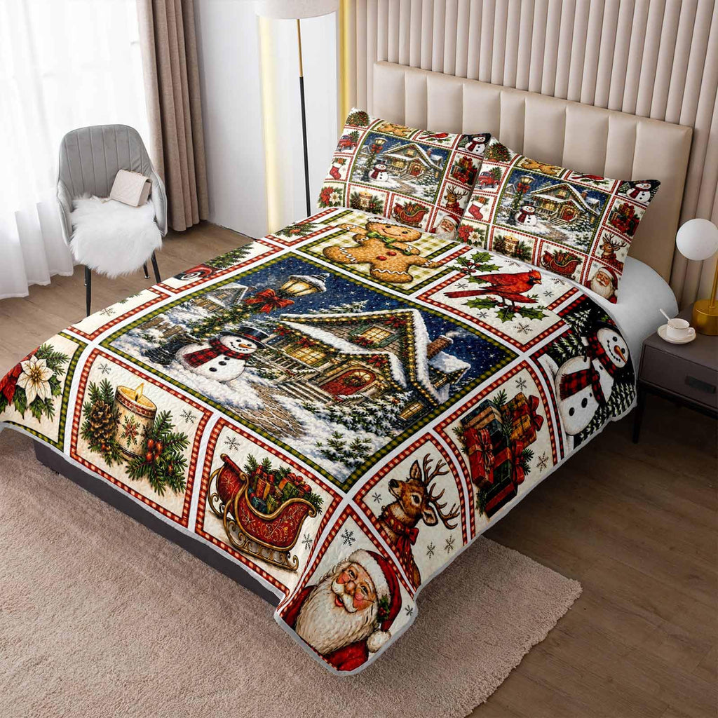 Vintage Christmas Patchwork Quilt Queen, Lightweight Holiday Bedding.